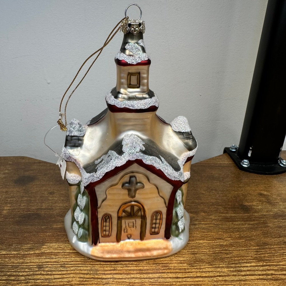 Christopher Radko Glass Church Christmas Ornament Glitter Snow Covered‎ Steeple